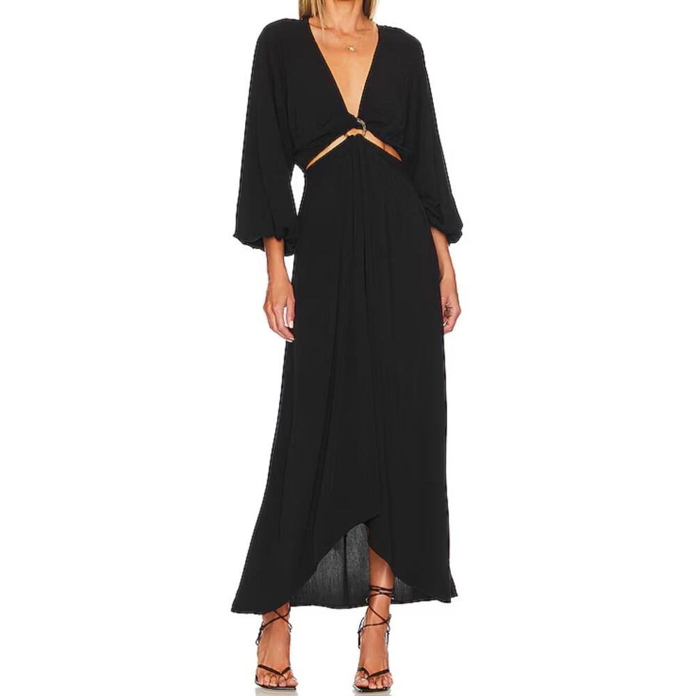 L*Space Colette Black Long Sleeve Maxi Dress Front Twist Cut Out Small